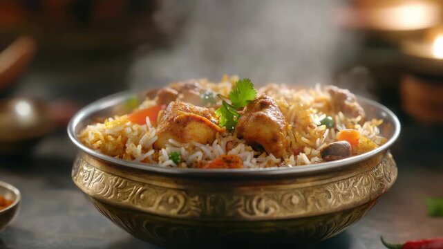 A delicious, hearty serving of biryani garnished with cilantro and saffron rice.