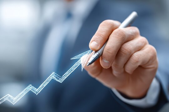 Professional hand sketching a vibrant upward trend line symbolizing business growth.