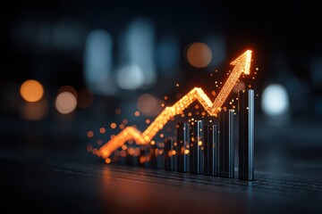 Dynamic abstract showing luminous financial growth arrow over a dark bar chart.