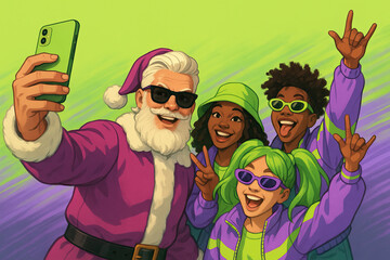 Trendy Santa taking selfie with diverse young friends