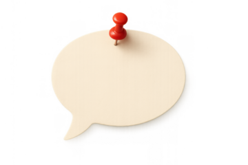 Blank speech bubble hanging on a wall with red pushpin, communicating an empty message or idea, transparent background