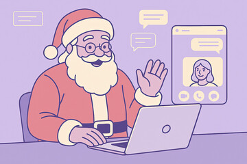 Santa Claus opening box with glowing digital snowflakes