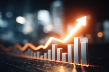 Bright glowing arrow over bar graph, symbolizing strong economic success.