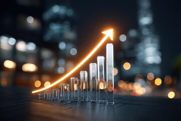 Glowing arrow showing financial growth over a bar graph in a vibrant night city background.