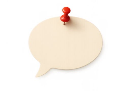 Blank speech bubble hanging on a wall with red pushpin, communicating an empty message or idea, transparent background