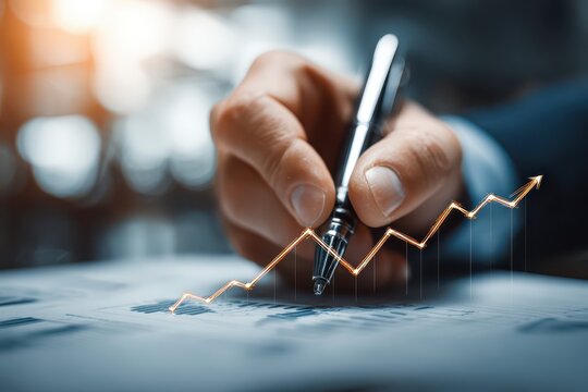 Financial analysis: hand with pen on documents, glowing graph shows growth.