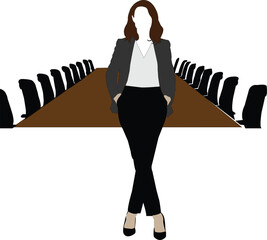Woman in Suit Standing in Front of Empty Boardroom Table with Chairs Keywords: business, meeting, boardroom, conference, table, chairs, woman, executive