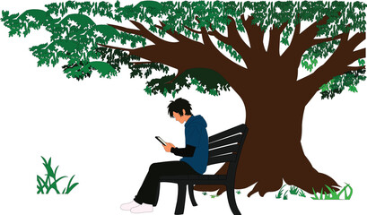 Young Man Sitting on Park Bench Under Large Tree Using Smartphone Keywords: park, bench, tree, nature, man, young, smartphone, mobile, phone, technology