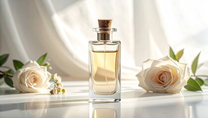 Elegant Clear Glass Perfume Bottle With Golden Amber Liquid Centered Amidst Delicate White Roses And Soft Draped Fabric With Natural Sunlight Creating Gentle Shadows And Reflections On A White Surface