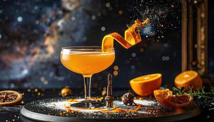 Elegant Orange Cocktail Garnished With Zest and Sprinkled With Sugar Dust Set Against a Dark Festive Background
