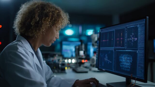 Medium shot of a scientist analyzing quantum circuit diagrams on a digital screen illustrating advanced simulation techniques.