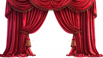 Elegant Red Velvet Stage Curtains with Gold Trim and Tassels Fully Drawn Against a White Background
