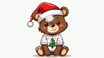 Children video animation with cute cartoon brown 
teddy bear with santa claus hat, christmas tree
isolated on white background with video effect
of falling snowflakes. Animated xmas celebrate card. 