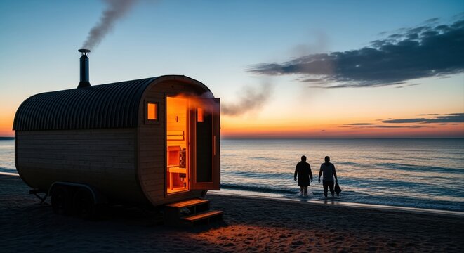 cozy wooden sauna trailer on a beach at sunset with people walking towards the ocean