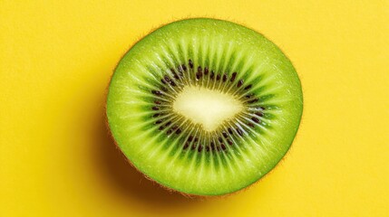 A sliced kiwi fruit reveals its juicy, green interior filled with tiny black seeds. The vibrant colors contrast beautifully with a bright yellow background, creating an eye-catching scene.