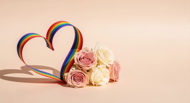 rainbow ribbon forming heart shape with roses on pastel background symbolizing love