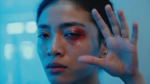 A young woman with a dramatic look, looking sideways, hand outstretched towards the camera, under a blue lighting scheme.