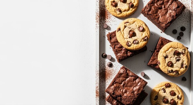 freshly baked chocolate chip cookies and brownies on white background with chocolate sprinkles