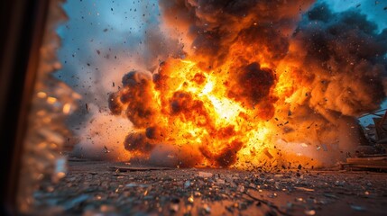 Powerful explosion with flames, smoke and shattered glass