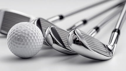 Three polished golf irons lined up with a golf ball on white background.