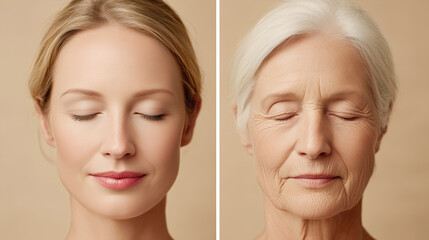 Triptych showing young woman and elderly woman facial comparison for aging.