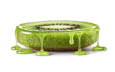 Kiwi slice with green syrup dripping, creative food concept and fresh fruit texture.