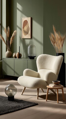 Chic living room vignette with cozy armchair, pouf and curated decorative accents.