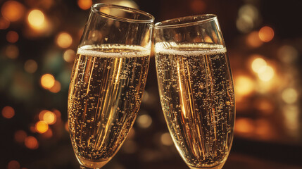 Two champagne flutes clinking in festive bokeh, celebration and toast moment.