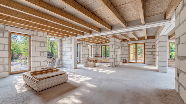 Spacious unfinished house interior under construction with exposed beams and daylight.