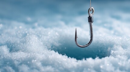 Close-up of a Fishing Line With a Hook Poised Above an Icy Hole, Capturing the Excitement of Ice Fishing in Winter