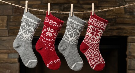 knitted christmas stockings hanging over fireplace with traditional nordic patterns