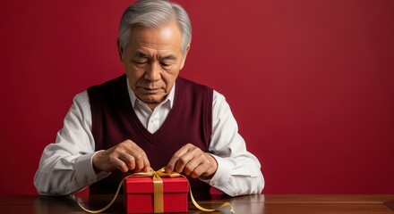 senior man in sweater wrapping gift box with ribbon on red background for celebration