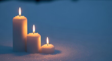 three glowing candles illuminate snow on a tranquil winter evening creating peaceful atmosphere