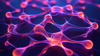 Obraz premium Abstract close-up of interconnected glowing pink and purple neural network on a dark blue background