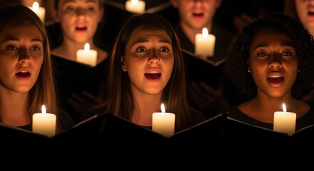diverse choir singing carols by candlelight creating festive and peaceful atmosphere