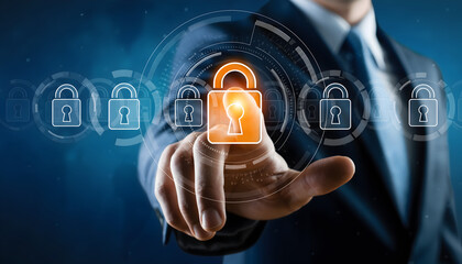 Businessman Touching Digital Lock Icon Representing Cybersecurity and Data Protection
