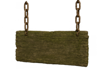 Blank rustic wooden sign hanging with chains, mossy empty plank for text, weathered wood background element