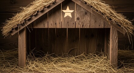 rustic wooden nativity stable with straw roof and star symbol during christmas season