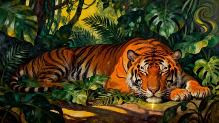 Tiger resting atop jungle branch surrounded by clocks and leaves