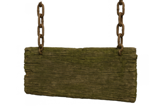 Blank rustic wooden sign hanging with chains, mossy empty plank for text, weathered wood background element