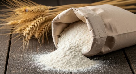 Bolsa de harina derramada sobre superficie de madera rustic.