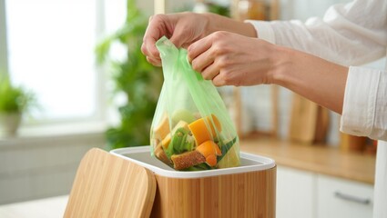 Female hands placing a green compostable bag filled with organic waste into a stylish wooden composting bin in a bright kitchen