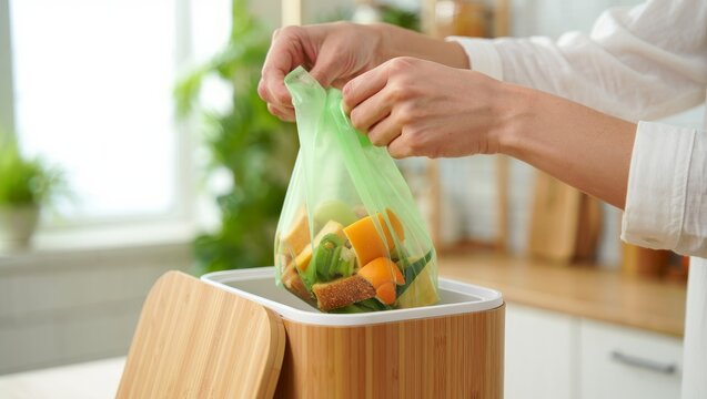 Female hands placing a green compostable bag filled with organic waste into a stylish wooden composting bin in a bright kitchen