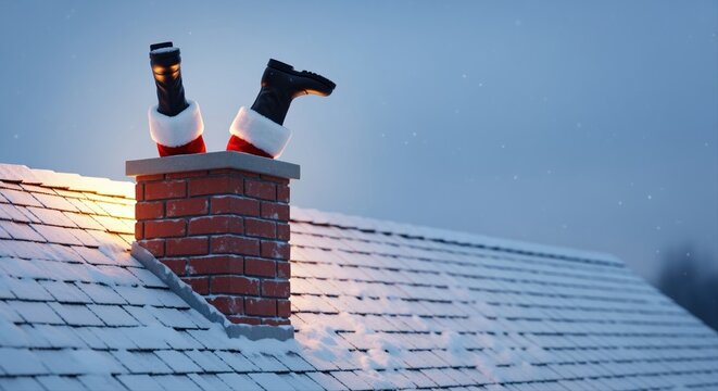 santa stuck in chimney at dawn on snowy rooftop during festive christmas eve morning