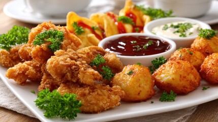 Fried chicken pieces are arranged on a white plate, accompanied by side dishes including dips and garnishes. Served in a cozy dining area during lunch hour.