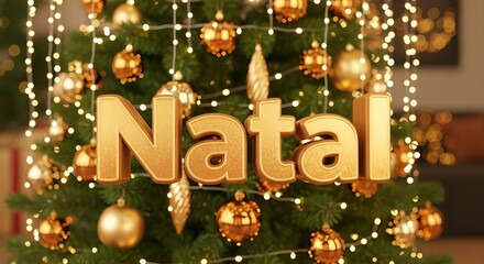 Letreiro 3D “Natal” com fundo de árvore de natal iluminada