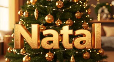 Letreiro 3D “Natal” com fundo de árvore de natal iluminada