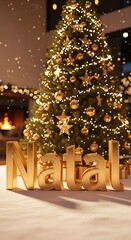 Letreiro 3D “Natal” com fundo de árvore de natal iluminada