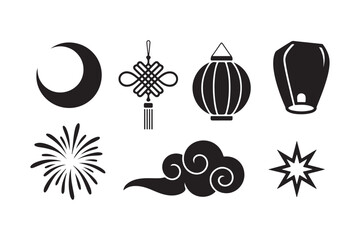 Black silhouette icons of traditional chinese festival elements