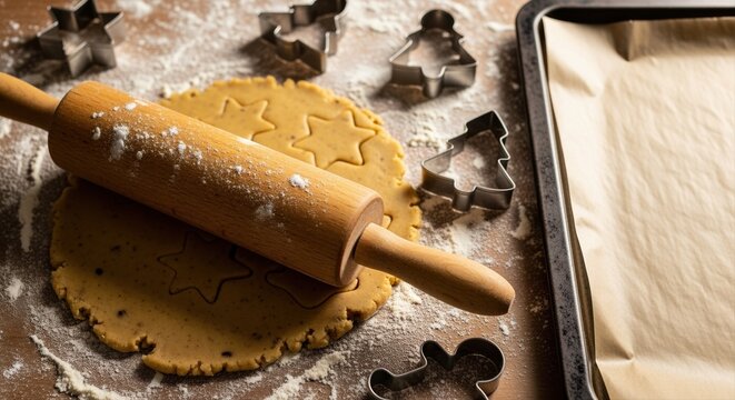 festive cookie baking with rolling pin and cookie cutters on wooden table